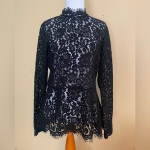 H & M ladies black lace 30% cotton long sleeve see thru top size Med NWT